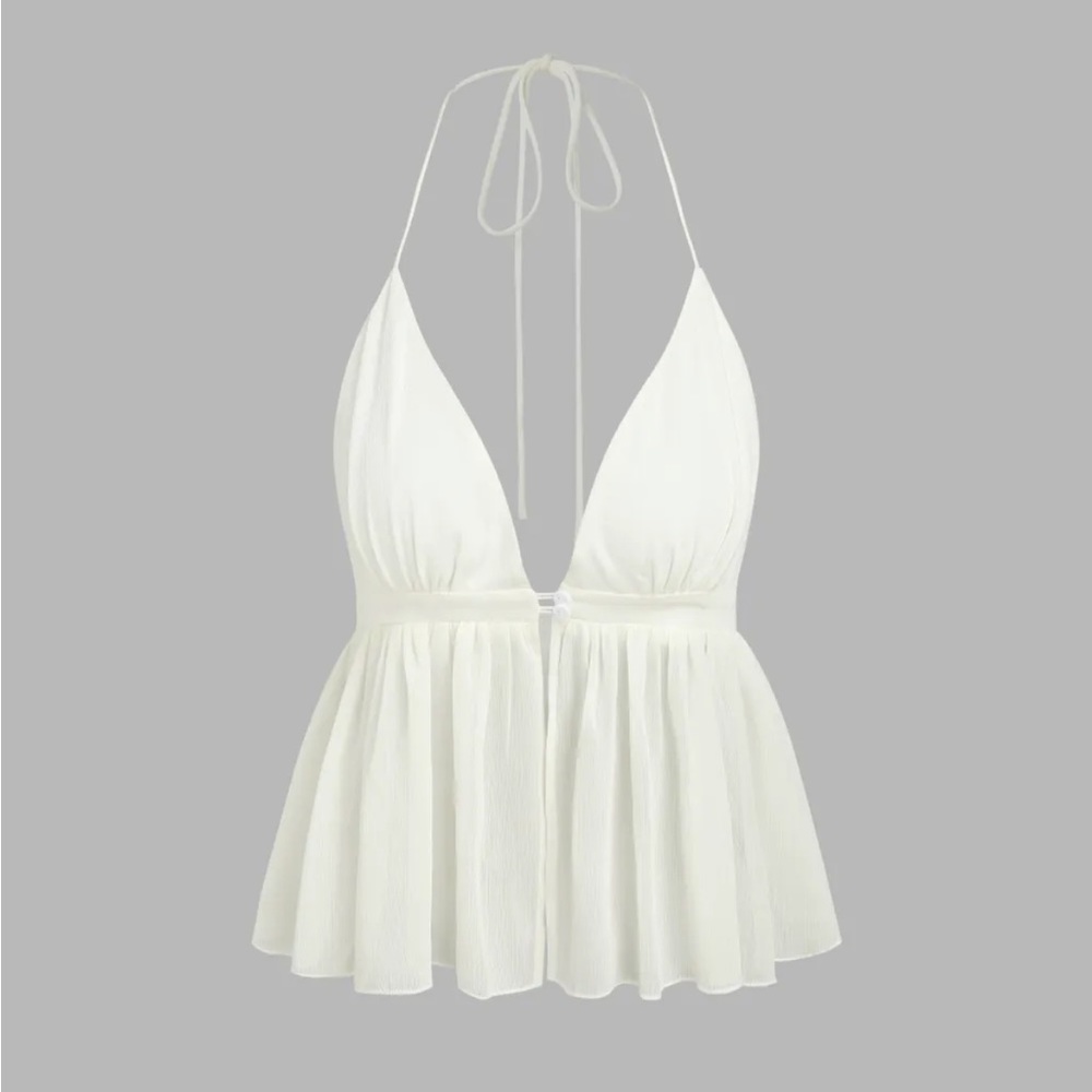 Cider L Ivory Ruffle Hem V-neck Halter Crop Top